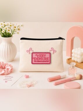 VERY DEMURE Pink Accent Cream Cosmetic Pouch